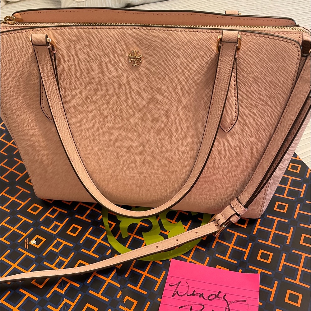 Tory Burch Emerson Saffiano Leather Small Top Zip Tote HandbagShell pink